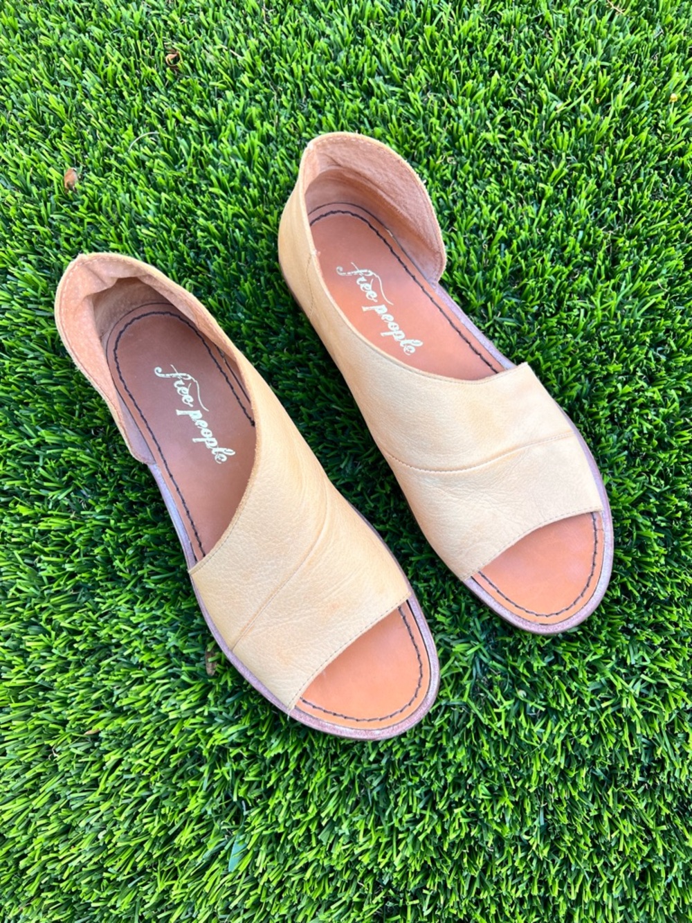 Free People Tan Leather Open-Toe Flats